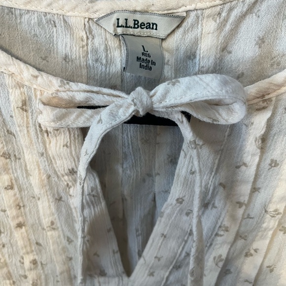 LL Bean Cream Floral Peasant Pleated Bib Tie Collar Blouse Long sleeve Cotton L - Picture 3 of 13